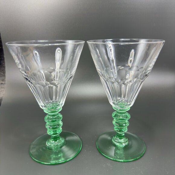Seneca Theodule Green and Clear Top Uranium Stem Optic Cut Top Goblet Cups Set 2 - Picture 4 of 16